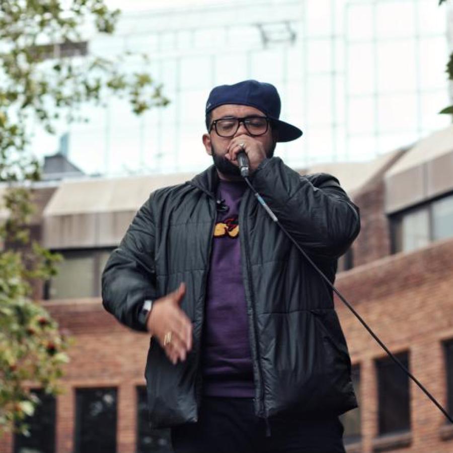 Conrad from Beats and Elements beatbox theatre troupe performs at Tolmer's Square Festival 