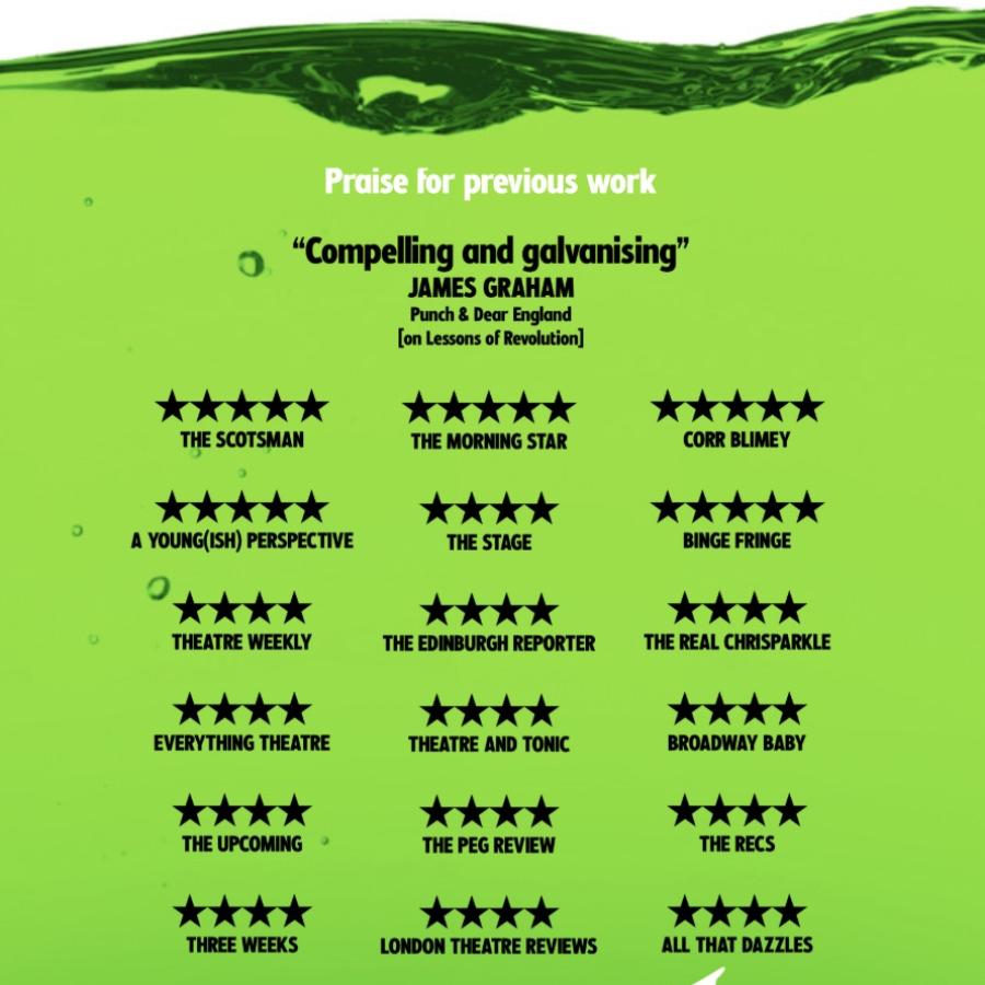 A promotional graphic for the theatre show GAMEPLAY, featuring the title in white text on a bold neon green background alongside a collage of review logos and praise for Carmen Collective's previous work. The design advertises the show's upcoming run at t 