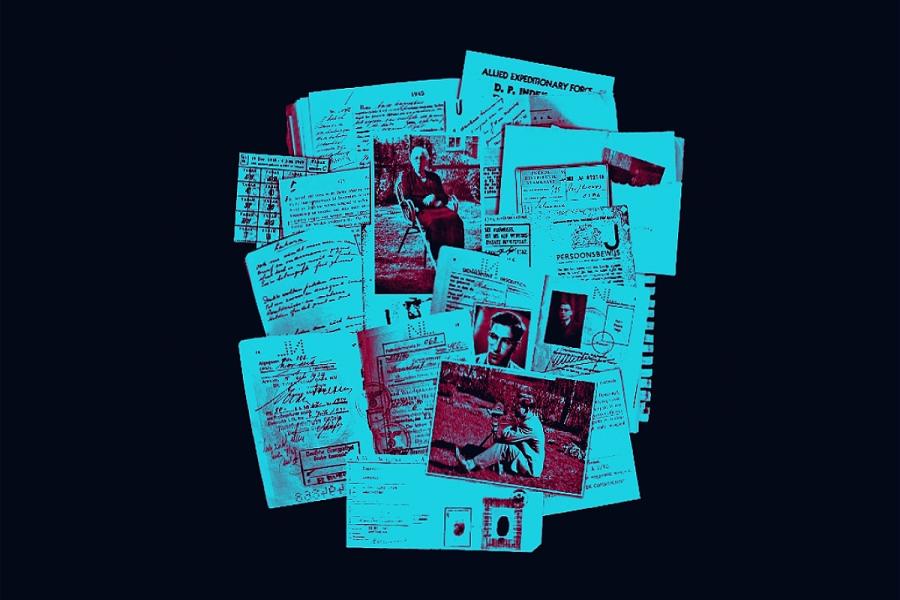 There is a pile of aged personal documents, in a bright, light teal colour wash with red and black details, on a very dark blue background. They include pictures of different people and several passports and documents in English, Dutch, and German.