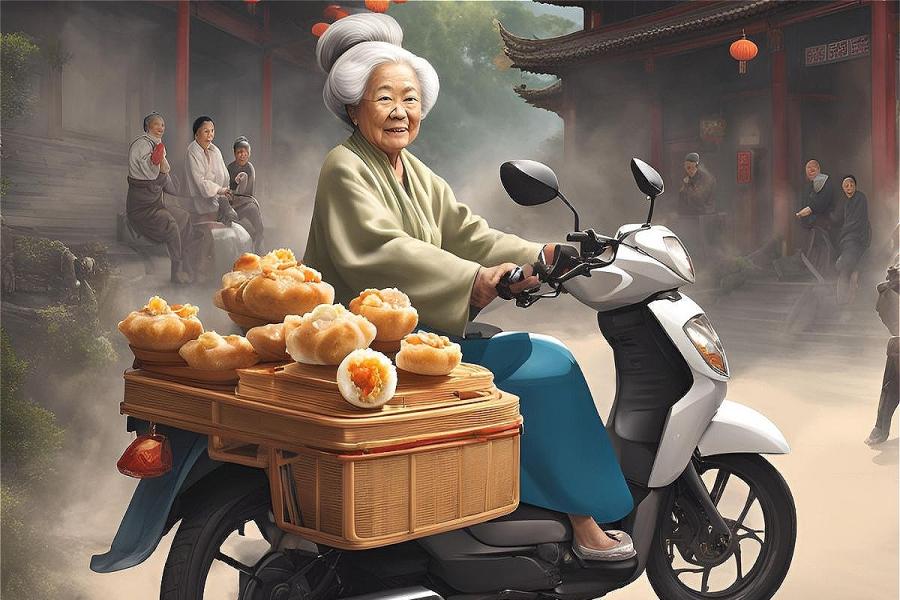 An illustration of an East Asian older woman resembling a grandmother riding a moped with Chinese dim sum stacked neatly on the back. She is riding through a rural town with generic traditional Chinese housing and onlookers.