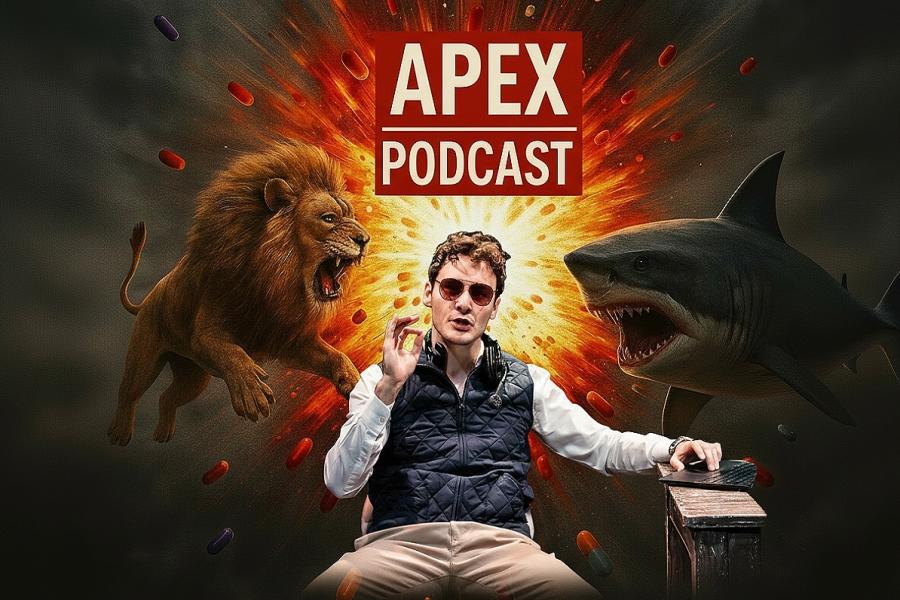 Man with sunglasses looking serious. Background of an explosion, red pills flying everywhere, a shark and a lion in mid air either side of him mid-fight. APEX Podcast on a red sign above him.