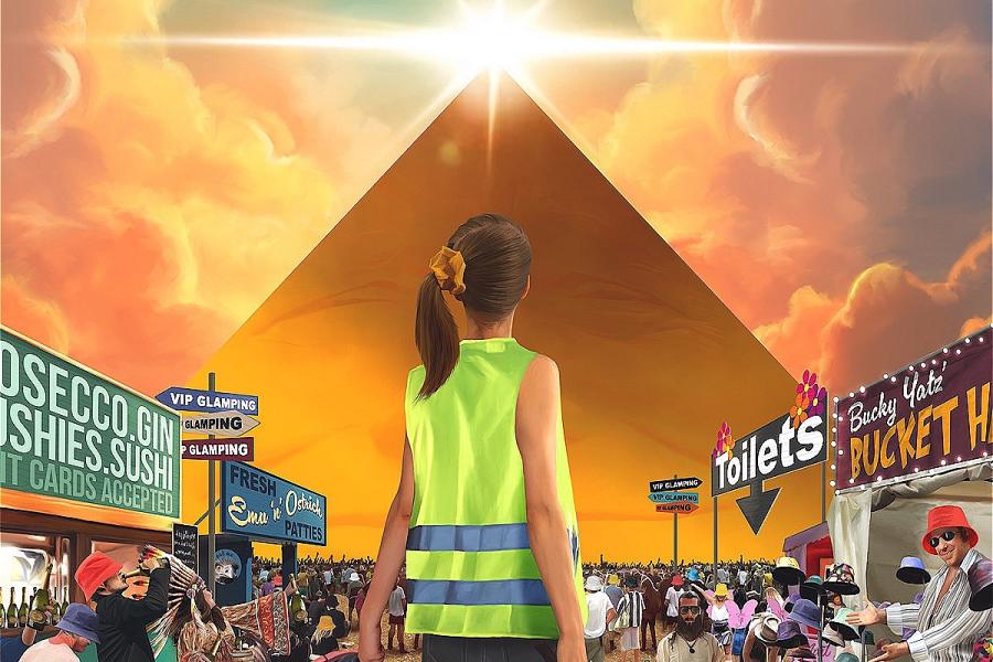 A woman in a yellow hi-viz, with litter pickers and a rubbish sack in her hands, stands with her back to us as she faces a gigantic golden pyramid, with a smirking face - the scene in between is a festiva field populated food stalls, a bucket hat stall an