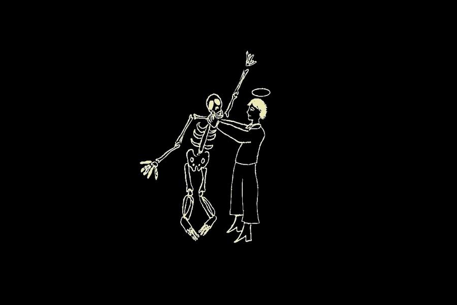 A drawing of a person strangling a skeleton with a halo above their head.