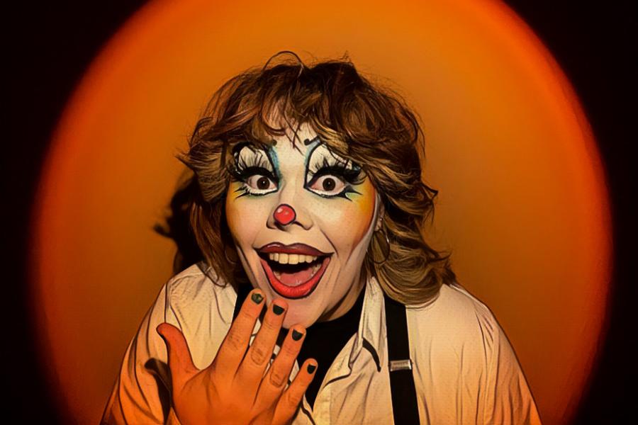 A woman in clown makeup laughing.