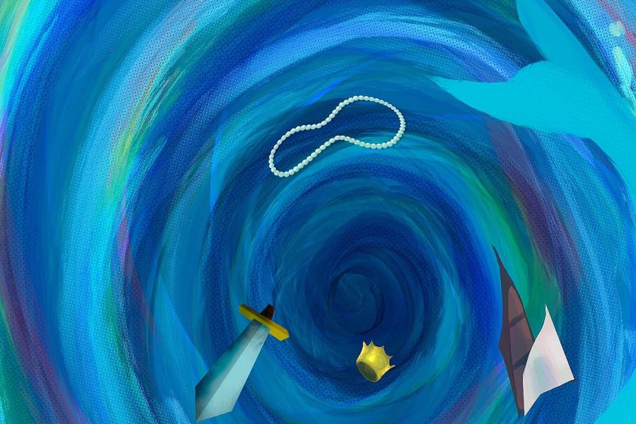 Art of blue, green and purple whirlpool of water framed by a blue whale in water colour style. Descending towards the middle of the whirlpool os a sailboat, a sword, a pearl necklace and a golden crown.