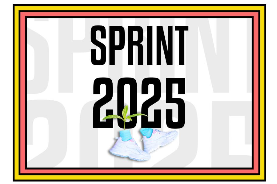 Text reads SPRINT 2025 with 2 blue socks and white runnning shoes at the bottom. One of socks has a plant growing out of it. 