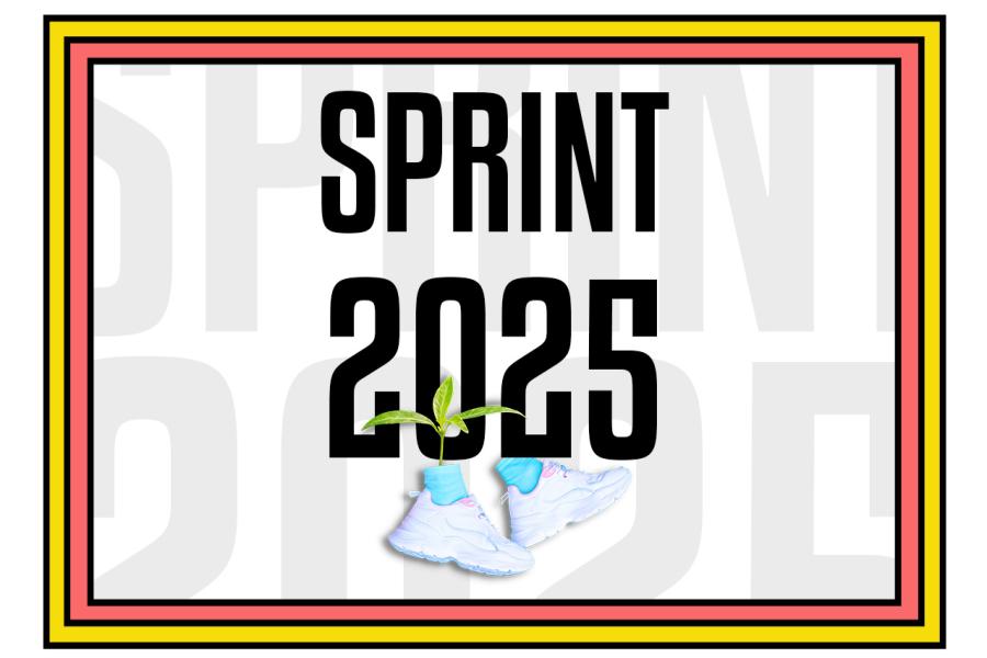 Text reads SPRINT 2025 with 2 blue socks and white runnning shoes at the bottom. One of socks has a plant growing out of it. 