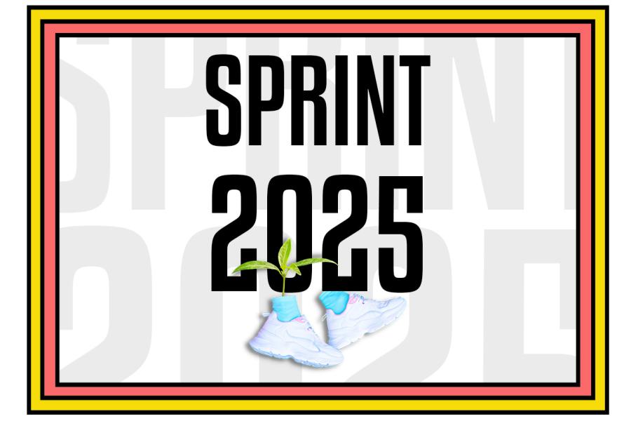 Text reads SPRINT 2025 with 2 blue socks and white runnning shoes at the bottom. One of socks has a plant growing out of it. 