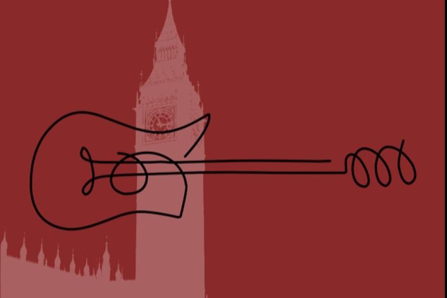A line drawing of a guitar is in front of a sillouette of big ben.