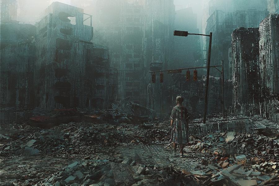 A woman is walking through a post-apocalyptic landscape.