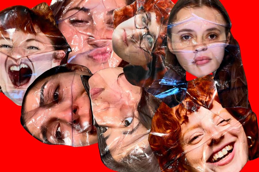 Artistic collage of company members' faces, each cut out on glossy photographic paper and crumpled to contort their features. The crumpled faces are playfully jumbled together on a vibrant red background, showcasing a dynamic representation of the team.