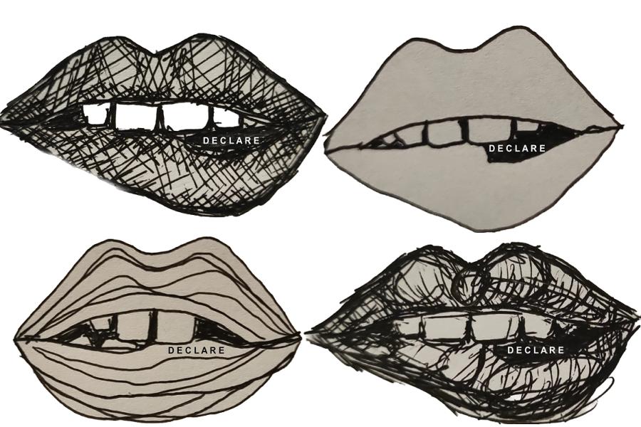 Hand drawn black and white sketches of four mouths biting their lips. Each mouth is drawn in a different artistic style. The word Declare is written on each mouth.