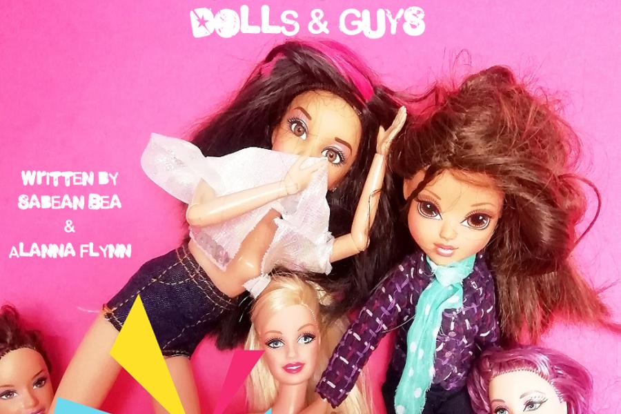 One blonde doll sits in the middle of frame, 4 other dolls (3 brunette and one with pink hair) tussle to get in the middle. the doll to the right of the blonde doll is also lifting up her top