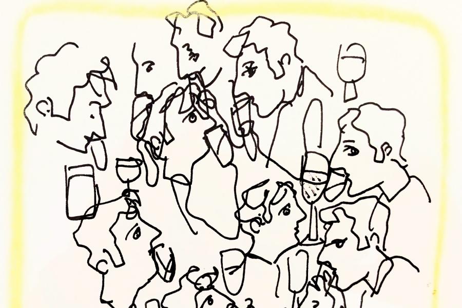 A line drawing in black ink of many people holding wine glasses