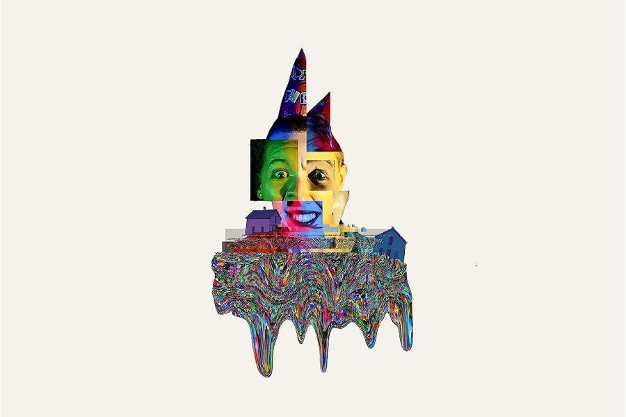 A central figure made up of fragmented images of different people’s facial features. The figure’s shoulders glitch and become a colourful liquid containing two small houses dripping downwards. 