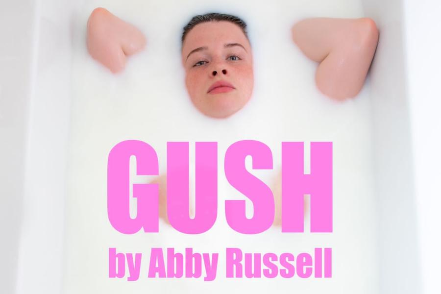 The title GUSH is written on a pink glittery background. There is a pink phallic shaped drop of water next to words such as 'hairy muff'. 