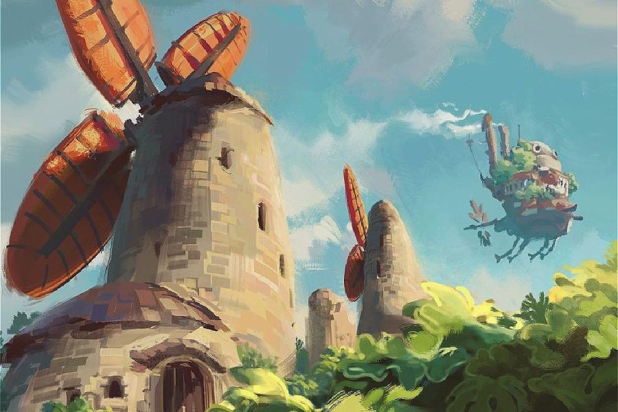 An illustration of a windmill with a flying castle in the background