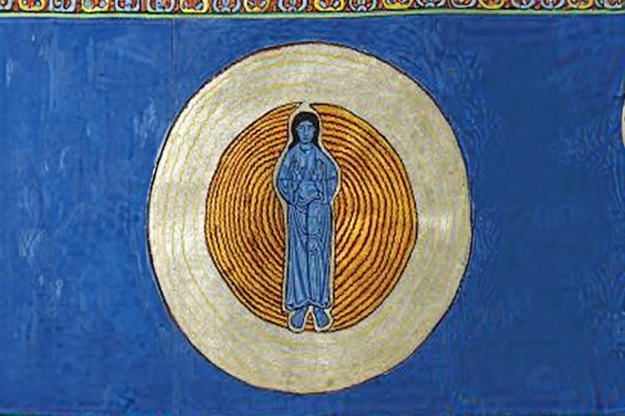 An illustrated figure in blue is superimposed in front of an orange circle, which itself is in front of a larger beige circle. The image has a dark blue background and a colourful patterned border on the top and bottom.