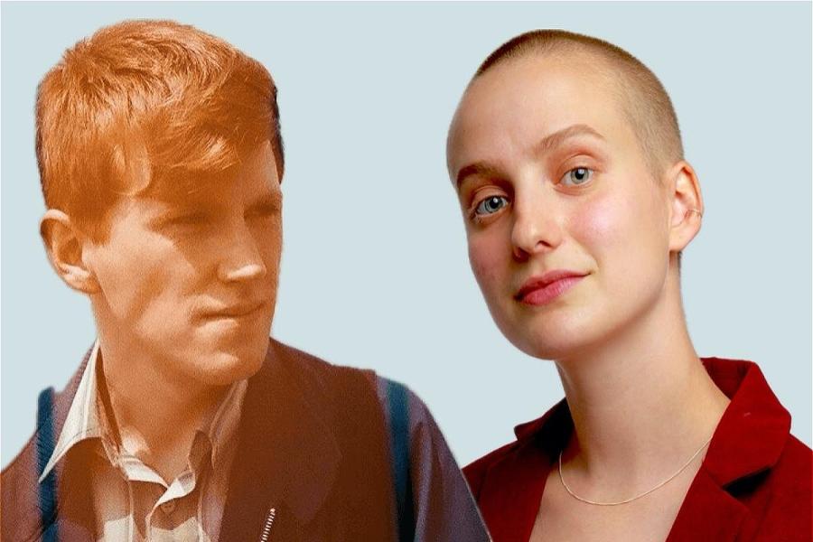 Two white people in front of a light bluey grey background. Calum is on the left and has short red hair and is looking into the distance. Jenny is on the right and has a shaved head and is wearing a red blazer. She is looking into the camera.