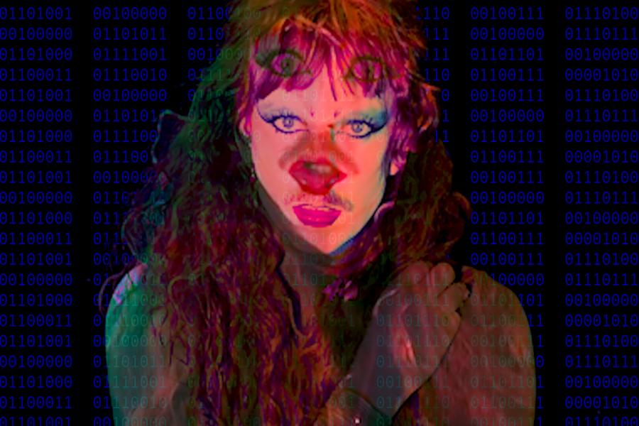 Close up of drag queen behind binary code