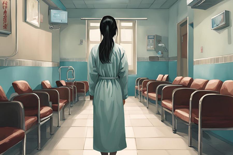 An ominous hospital waiting room lined with red chairs. A young girl with black hair in a surgical gown faces towards a window. We can only see the back of her head.