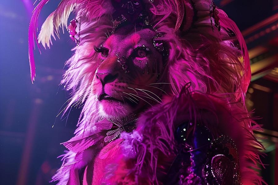 A lion in a cabaret get up under purple and blue lights.