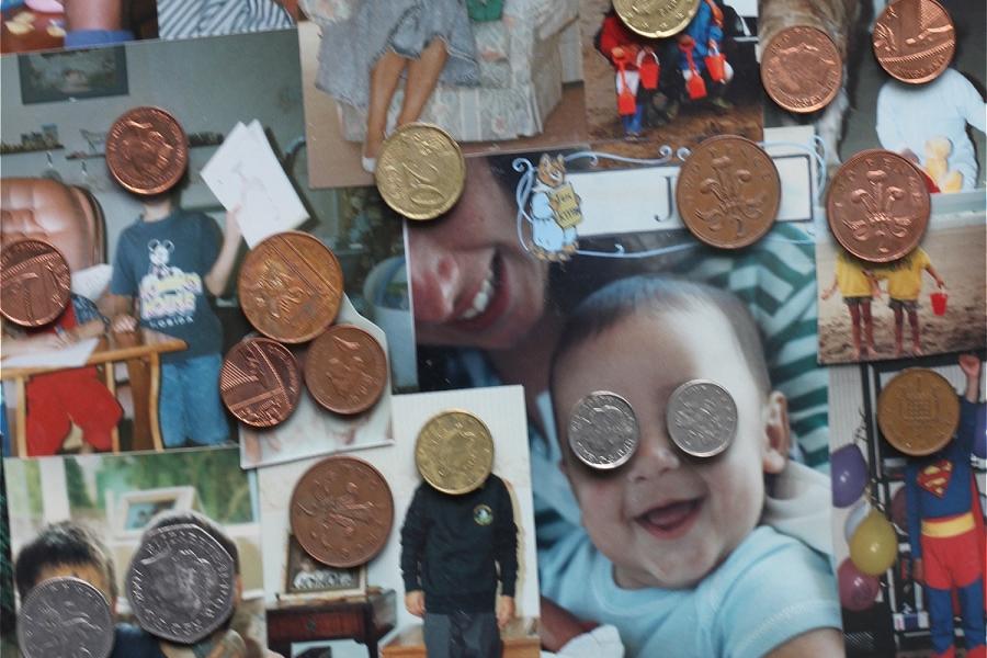 A collage of family photos, all featuring the same mixed race boy aged between 1-15. In every photo, the faces are replaced with coins.