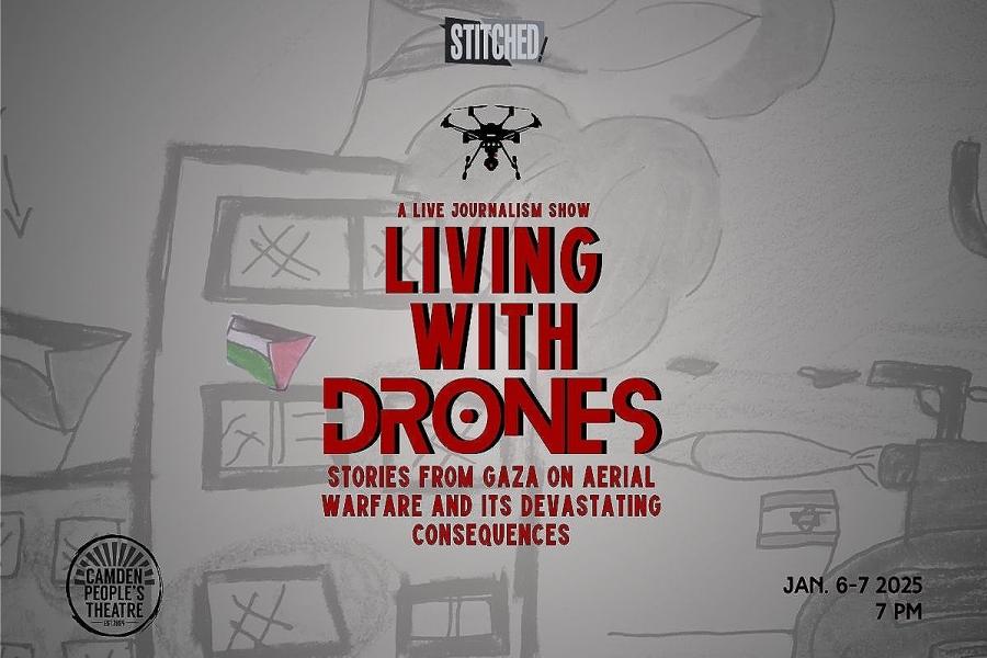 A kids drawing in grey and white of buildings destroyed, the Palestinian flag, and a black drone with the title of the show in red 