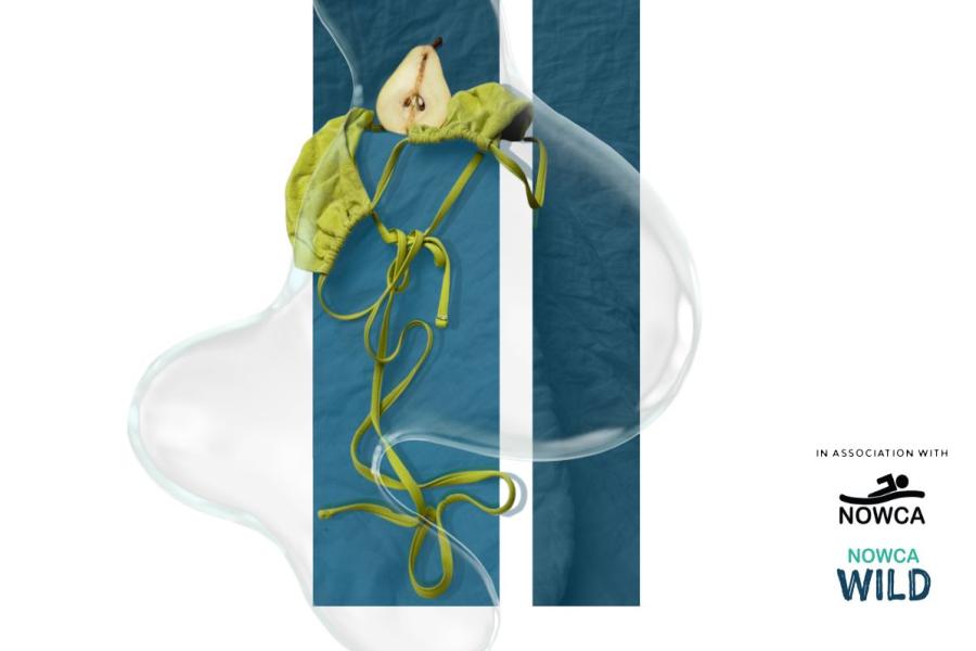 Two blue vertical stripes covered by a wobbly bubble, a pear and wrapped in a green bikini