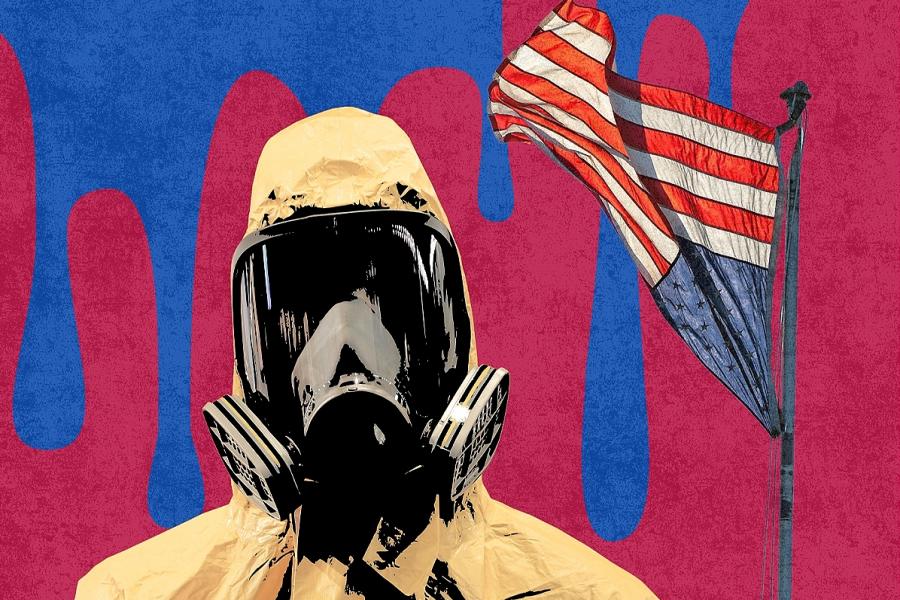A person in a yellow hazmat suit, with a red background and an upside down american flag