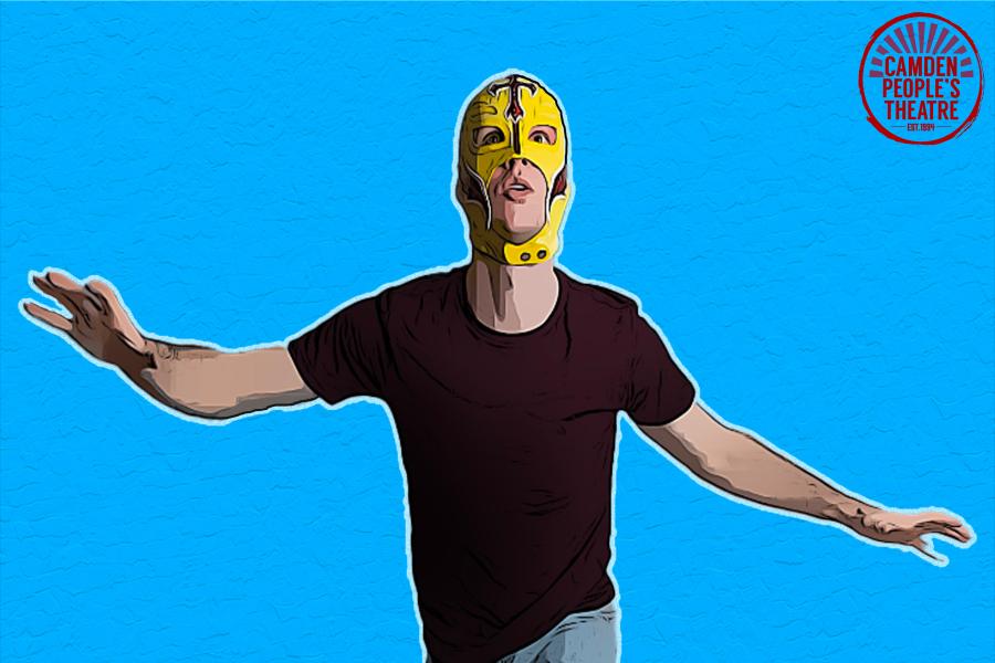 Cartoon-like image of the character Lucho wearing a yellow Lucha Libre (Mexican Wrestling) mask against a bright blue background.