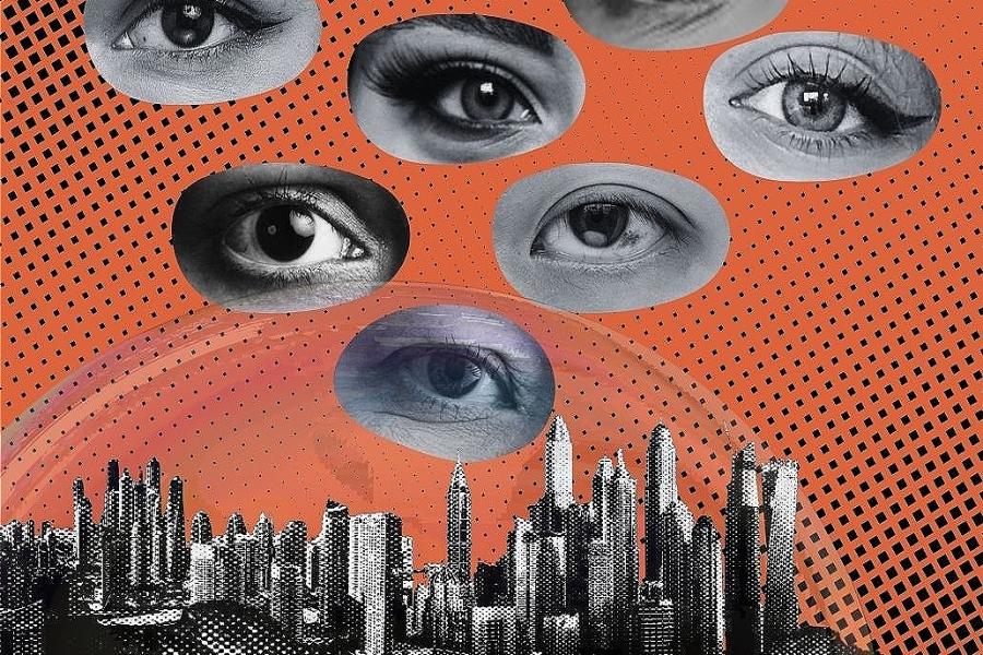 Seven eyes surround a floating futuristic city.