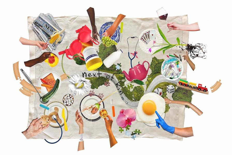 A graphic displaying a table cloth with collaged images on top of miscellaneous objects relating to dinner, children, household items and assisted reproductive technologies such as a sperm sample.