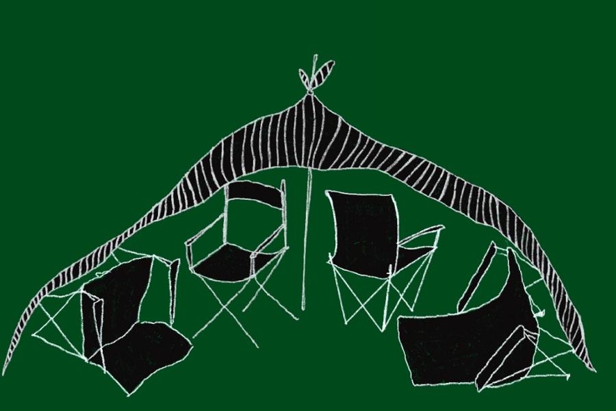 A green background. In black and white, a drawing of camping chairs arranged into the shape of a fort.