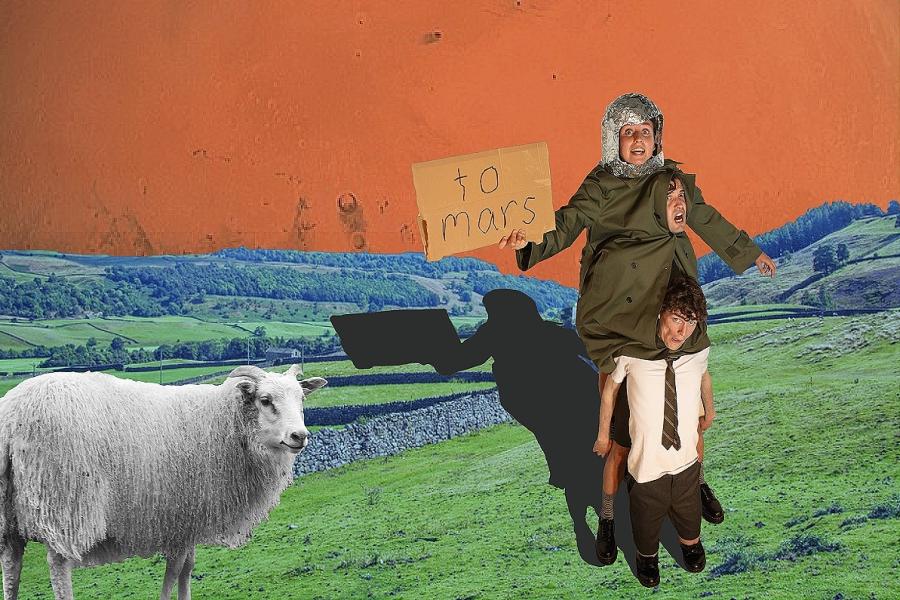 The three members of Pat Rascal are pictured on each other's shoulders, wearing one trench coat and a tinfoil space helmet. They are holding a cardboard sign, which says 'To Mars'. There is a sheep bottom left. The background is Yorkshire hills on Mars.