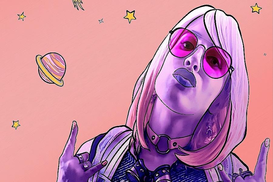 A pink and purple pop art princess picture of Kat, a bleach blonde babe with aviator sunglasses and a leather choker, giving rock hands against a galactic sky.