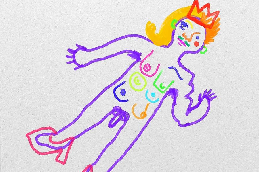 A childlike and abstracted painting of a nude person with various gendered elements in bright colours. They have heels, 6 breasts, a penis, moustache, a red crown, and a blonde bob on one side of their head and orange spiky hair on the other.