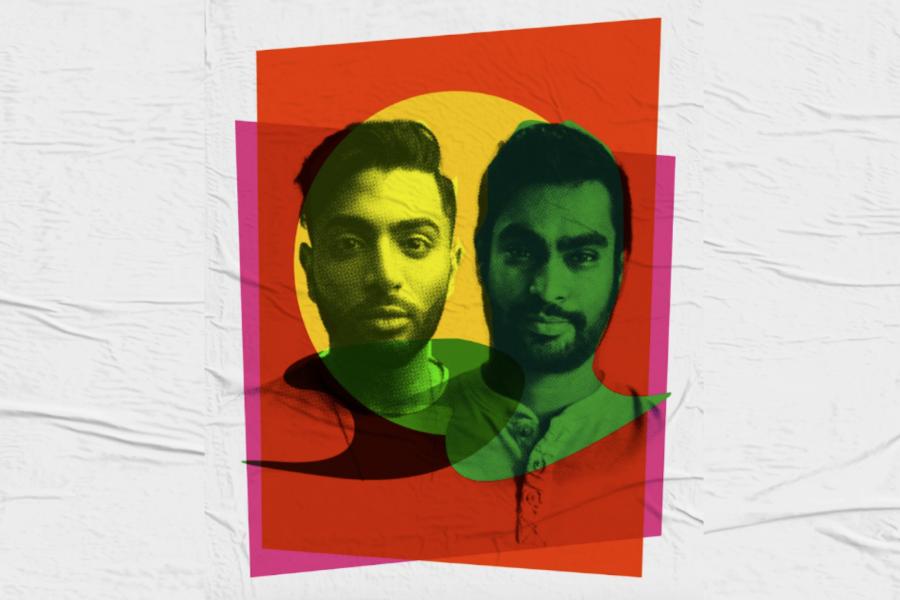 Two South Asian men look out at the camera. Their faces are superimposed on a multicoloured graphic of orange, yellow, reds, and greens.