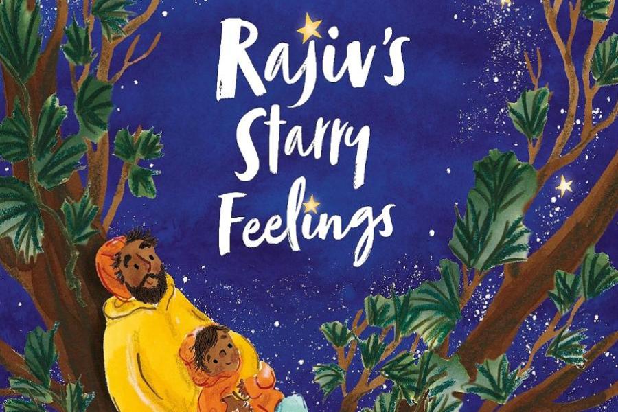 An image of a brown Dad wearing a yellow jumper and orange hat with his son wearing an orange coat sat together on a tree branch looking up at the starts. There is a blue background and white text saying 