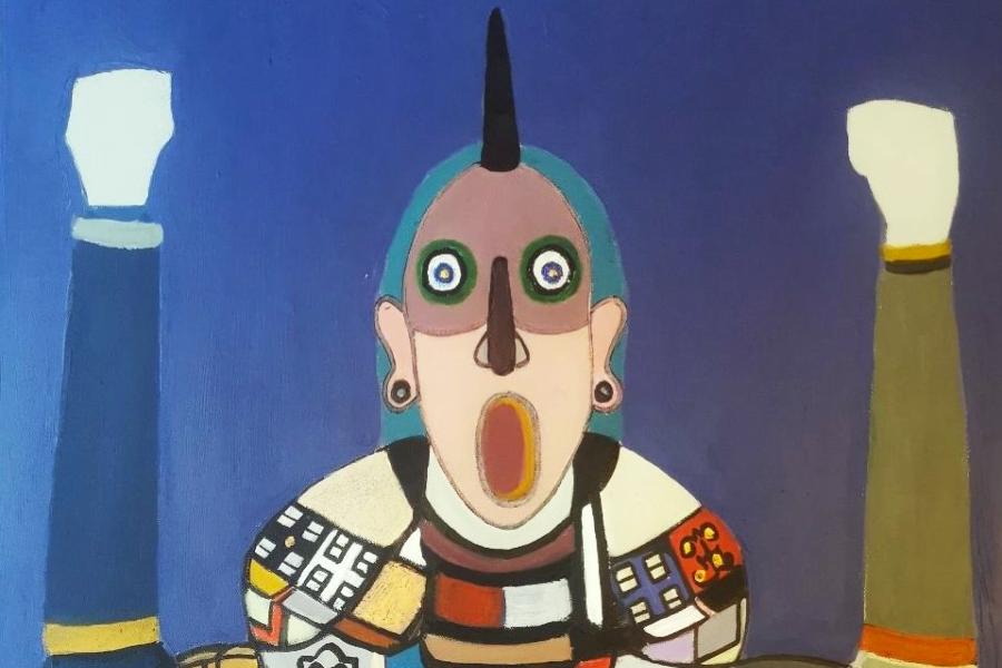 An abstract painting of a person with a skinhead whose puffer jacket is decorated with various Camden landmarks.