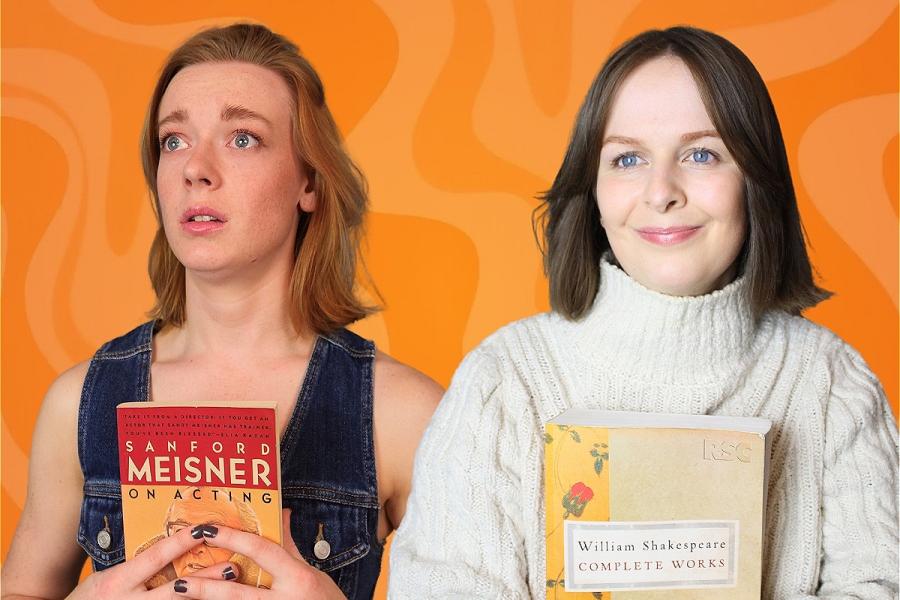 Two youth theatre members holding theatre books, Meisner on Acting and the Complete Works of Shakespeare, in front of an orange background.
