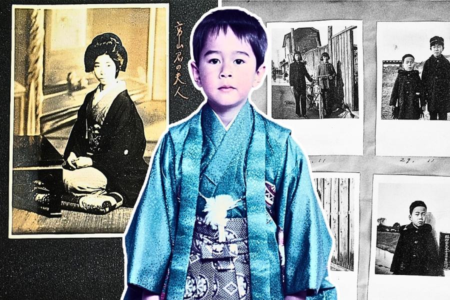 A collage of family album photos. In the foreground is a mixed white and asian child in traditional Japanese attire. In the background, sepia-toned photos and polaroids of Japanese women and children.
