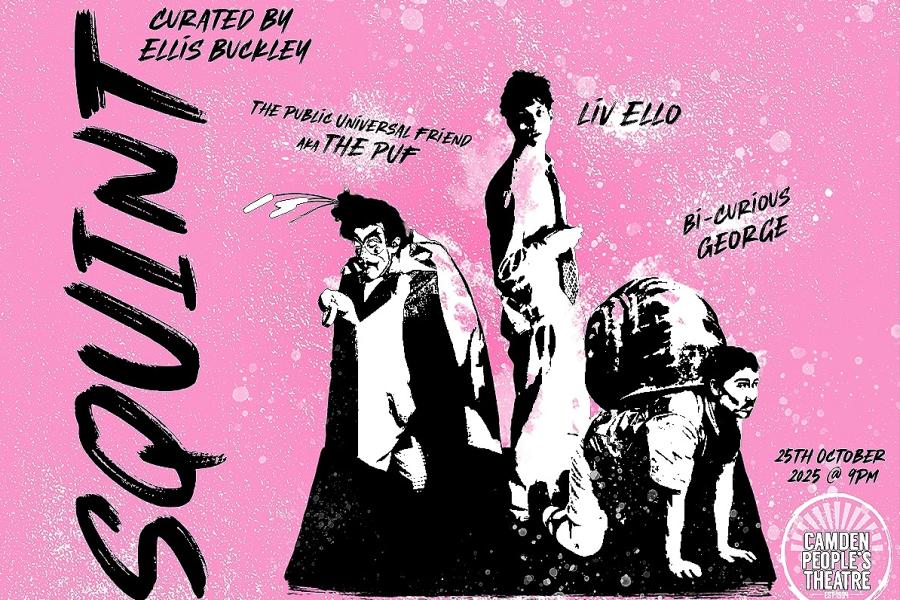 A poster for SQUINT showing the black and white outline of three performers. One crouching, dressed as a snail, one hunched with flowers in their hair and artistically stark makeup, and one stood with their body slightly to the side in a shirt and tie.