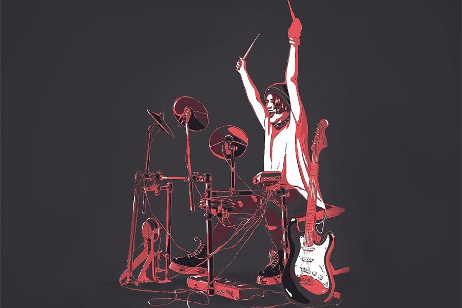 Illustration of a boy sitting at a drumkit, holding drumsticks, his arms raised. At his feet is a loop station and to his left is an electric guitar. He wears platform boots, torn skinny jeans, a baggy tee, a beanie, wristbands and a choker.