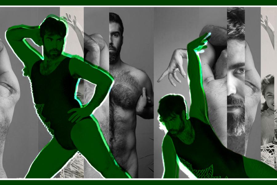 Images of non-Binary, hairy, bearded performer Luis Amália in green wearing a female gymnastics leotard and striking different gymnastics poses (over a black & white background patchwork made of several images of naked Luis Amália showing their body hair 
