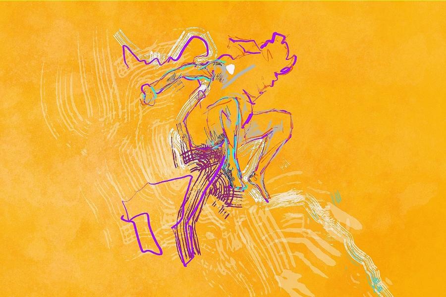 Abstract line drawing of a figure jumping against an orange textured background