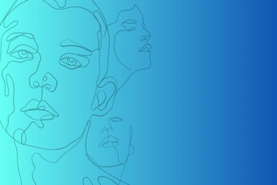 The Crip Monologues Poster. Thre abstract line drawings of human faces sit on a black background that transitions from light to dark blue as it move from left to right.