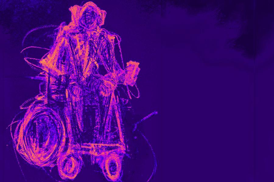 The Crip Monologues Poster. An abstract line drawing of an electric wheelchair user in pink, orange & purple pencil against a purple background. The drawing is made up of frantic repeating strokes, giving a sense of movement & vibrancy.