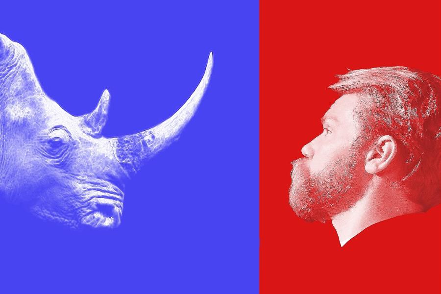 Split in half, the left side is block blue, the right side is block red. placed ontop of the block blue colour is the all white head of a rhino. placed ontop of the block red colour is an all white face of a bearded man in his 30's. the rhino and man are 