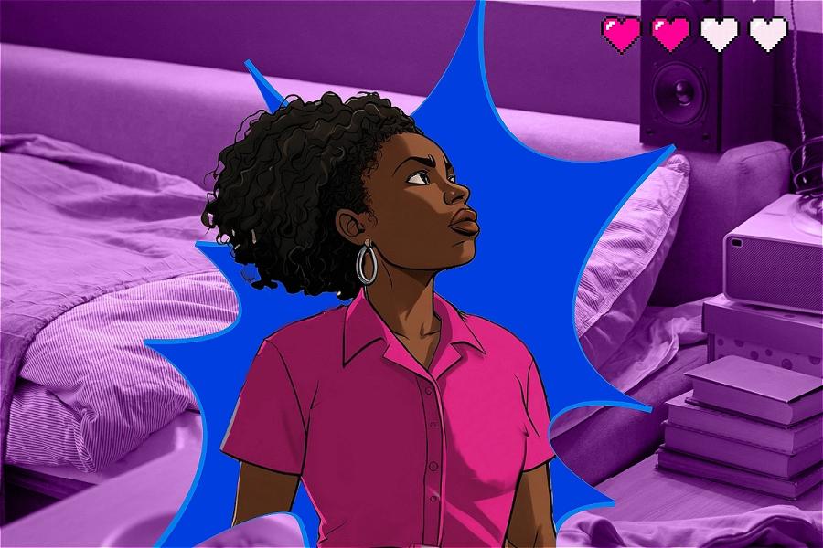 An illustration of a black woman, dressed in a pink shirt. She looks up with concern at her right hand corner at 2 hearts which represent her lives.